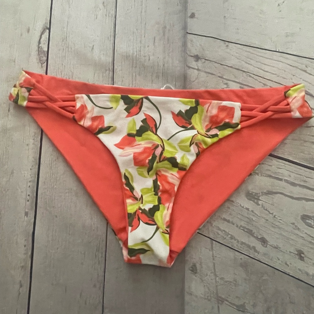 NWT Lands' End Floral Coral  Bikini Reversible Swim Bottom S 4-6